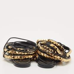 Pre Owned Valentino Black Leather Rockstud Ankle Strap Flat Sandals  Size 38.5