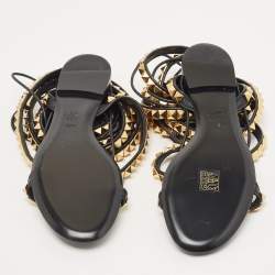 Pre Owned Valentino Black Leather Rockstud Ankle Strap Flat Sandals  Size 38.5