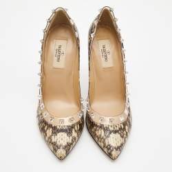 Pre Owned Valentino Beige/Brown Python and PVC  Leather Rockstud Pumps Size 36
