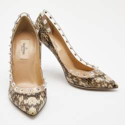 Pre Owned Valentino Beige/Brown Python and PVC  Leather Rockstud Pumps Size 36