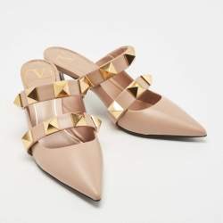 Pre Owned Valentino Dusty Pink Leather Roman Stud Pointed Toe Mules Size 36.5