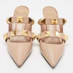 Pre Owned Valentino Dusty Pink Leather Roman Stud Pointed Toe Mules Size 36.5