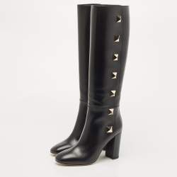 Pre Owned Valentino Black Leather Rockstud Knee Length Boots Size 39.5