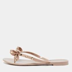 Pre Owned Valentino Beige Jelly Rockstud Bow Thong Sandals Size 40