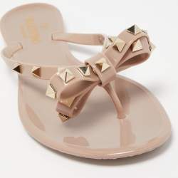 Pre Owned Valentino Beige Jelly Rockstud Bow Thong Sandals Size 40