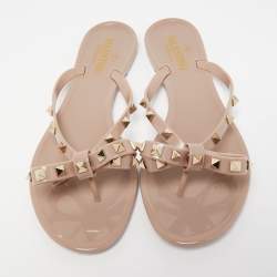 Pre Owned Valentino Beige Jelly Rockstud Bow Thong Sandals Size 40