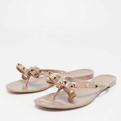 Pre Owned Valentino Beige Jelly Rockstud Bow Thong Sandals Size 40