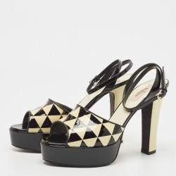 Pre Owned Valentino Black/Cream Patent Leather Platform Ankle Sandals Size 39