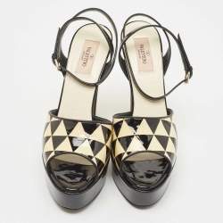 Pre Owned Valentino Black/Cream Patent Leather Platform Ankle Sandals Size 39