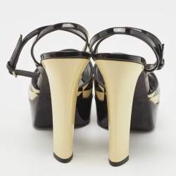 Pre Owned Valentino Black/Cream Patent Leather Platform Ankle Sandals Size 39