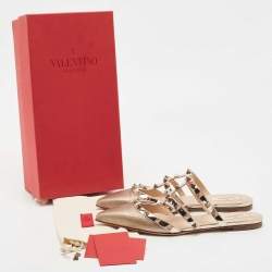 Pre Owned Valentino Metallic Leather Rockstud Strappy Flat Mules Size 37.5
