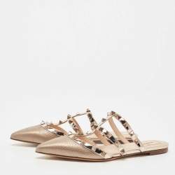 Pre Owned Valentino Metallic Leather Rockstud Strappy Flat Mules Size 37.5