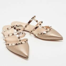 Pre Owned Valentino Metallic Leather Rockstud Strappy Flat Mules Size 37.5