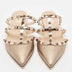 Pre Owned Valentino Metallic Leather Rockstud Strappy Flat Mules Size 37.5
