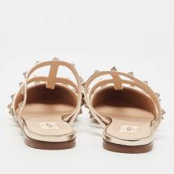 Pre Owned Valentino Metallic Leather Rockstud Strappy Flat Mules Size 37.5