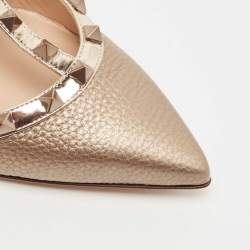 Pre Owned Valentino Metallic Leather Rockstud Strappy Flat Mules Size 37.5