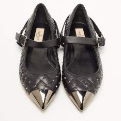 Pre Owned Valentino Black Leather Rockstud Ballet Flats Size 37.5