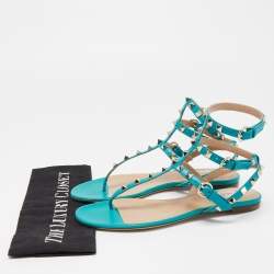 Pre Owned Valentino Green Leather Rockstud Ankle Strap Flats Size 38