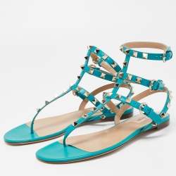 Pre Owned Valentino Green Leather Rockstud Ankle Strap Flats Size 38