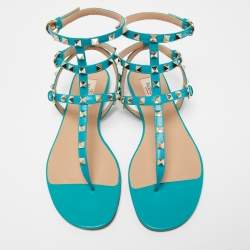 Pre Owned Valentino Green Leather Rockstud Ankle Strap Flats Size 38