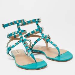 Pre Owned Valentino Green Leather Rockstud Ankle Strap Flats Size 38