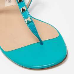 Pre Owned Valentino Green Leather Rockstud Ankle Strap Flats Size 38