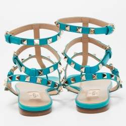 Pre Owned Valentino Green Leather Rockstud Ankle Strap Flats Size 38