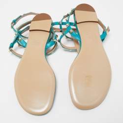 Pre Owned Valentino Green Leather Rockstud Ankle Strap Flats Size 38