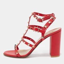 Valentino Red Leather Rockstud Ankle Strap Sandals Size 40