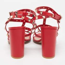 Valentino Red Leather Rockstud Ankle Strap Sandals Size 40