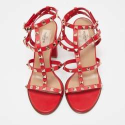 Valentino Red Leather Rockstud Ankle Strap Sandals Size 40