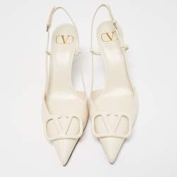 Pre Owned Valentino Cream Leather Escape VLogo Slingback Pumps Size 39