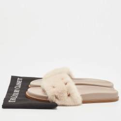 Valentino White Cream Fur Rockstud Flat Slides Size 40