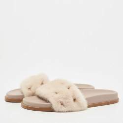 Valentino White Cream Fur Rockstud Flat Slides Size 40