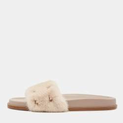 Valentino White Cream Fur Rockstud Flat Slides Size 40