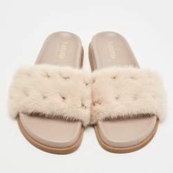 Valentino White Cream Fur Rockstud Flat Slides Size 40