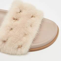 Valentino White Cream Fur Rockstud Flat Slides Size 40