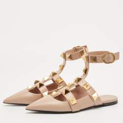 Pre Owned Valentino Beige Leather Roman Stud Pointed Toe Ankle Cuff Flat Sandals Size 39