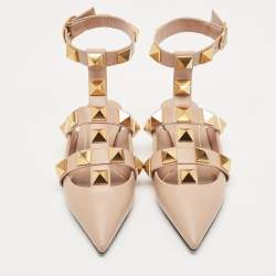 Pre Owned Valentino Beige Leather Roman Stud Pointed Toe Ankle Cuff Flat Sandals Size 39