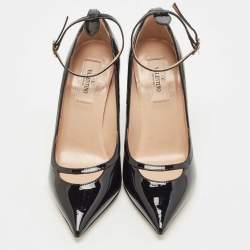 Pre Owned Valentino Black Patent Leather Ankle Cuff Pointed Toe Pumps Size 37