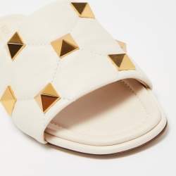 Pre Owned Valentino White Leather Roman Stud Flat Slides Size 37