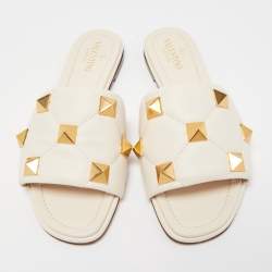 Pre Owned Valentino White Leather Roman Stud Flat Slides Size 37