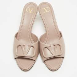 Pre Owned Valentino Beige Leather Escape VLogo Slide Sandals Size 38