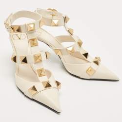 Pre Owned Valentino Off White Leather Roman Stud Ankle Strap Pumps Size 40