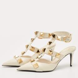 Pre Owned Valentino Off White Leather Roman Stud Ankle Strap Pumps Size 40
