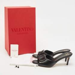 Pre Owned Valentino Black Leather Escape VLogo Slide Sandals Size 39