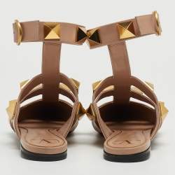Pre Owned Valentino Beige Leather Roman Stud Ankle Cuff Flat Sandals Size 38