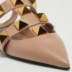 Pre Owned Valentino Beige Leather Roman Stud Ankle Cuff Flat Sandals Size 38