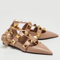 Pre Owned Valentino Beige Leather Roman Stud Ankle Cuff Flat Sandals Size 38