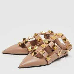 Pre Owned Valentino Beige Leather Roman Stud Ankle Cuff Flat Sandals Size 38